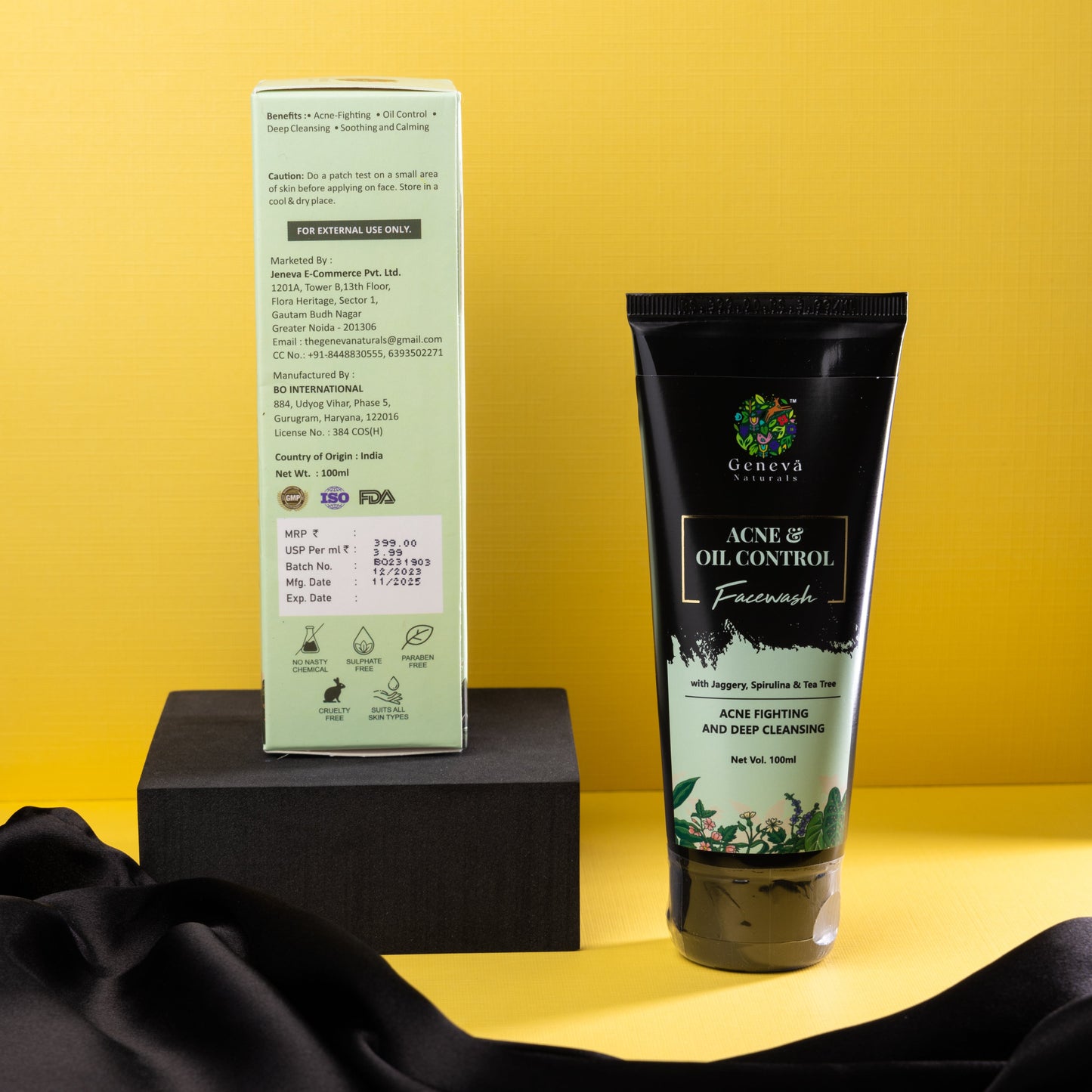 Back label of Geneva Naturals Acne and Oil Control Face Wash 100ml showing benefits, ingredients, manufacturing details, and cruelty-free certification next to product tube