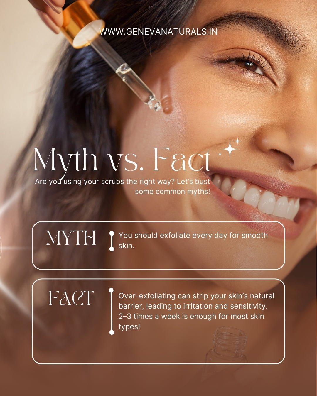 Smiling woman applying serum with dropper. Text debunks exfoliation myth, recommending 2–3 times weekly use. Geneva Naturals branding visible.