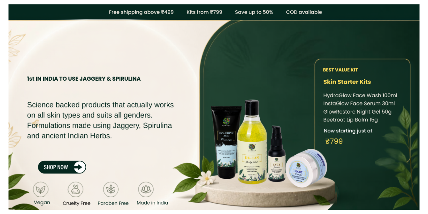 A promotional banner for a skin care bundle featuring several products including a face wash, instillow face serum, growth hormone night cream, and beetroot lip balm, displayed on a wooden stand against a split cream and dark green background with text overlays.