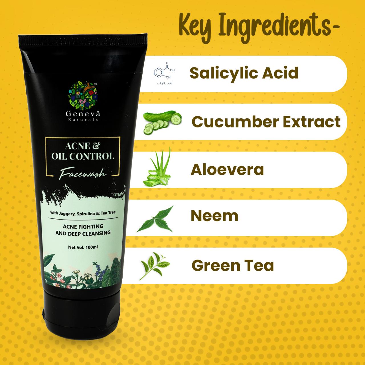 Acne & Oil Control Face Wash With Neem, Green Tea & Glycolic Acid, 100ml - No.1 Brand in India
