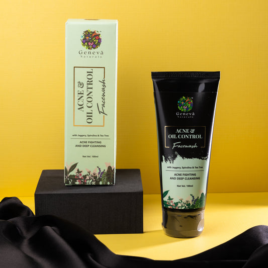 Geneva Naturals Acne and Oil Control Face Wash with Jaggery, Spirulina and Tea Tree – 100ml tube and packaging for deep cleansing and acne-fighting skincare